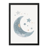 Moon and Stars Wall Art, Celestial Print, Nursery Decor, Baby Room Art, Blue Crescent Moon, Watercolor Illustration, Kids Room Decor - Tawshia